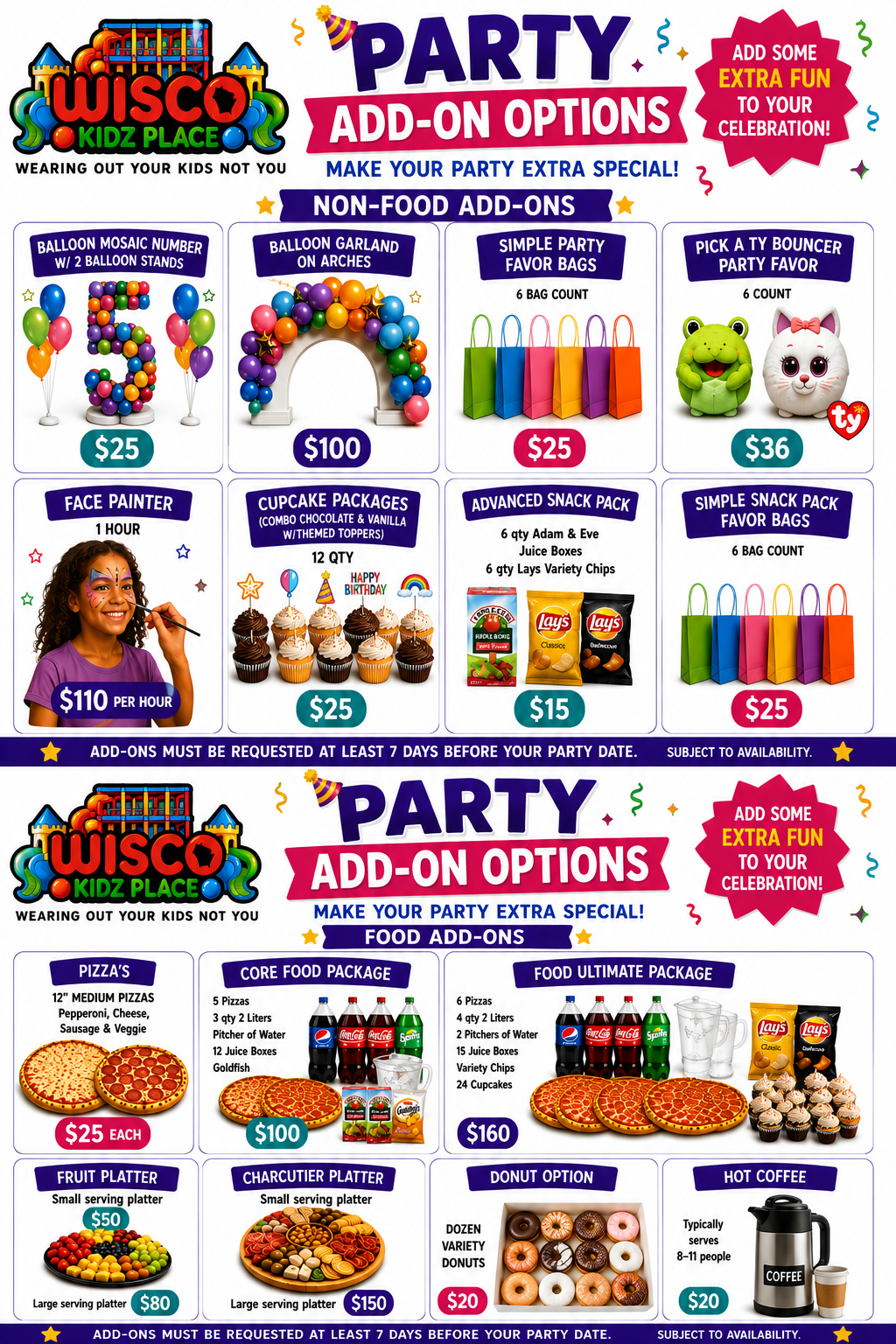 Wisco Kidz Place party add-on options menu